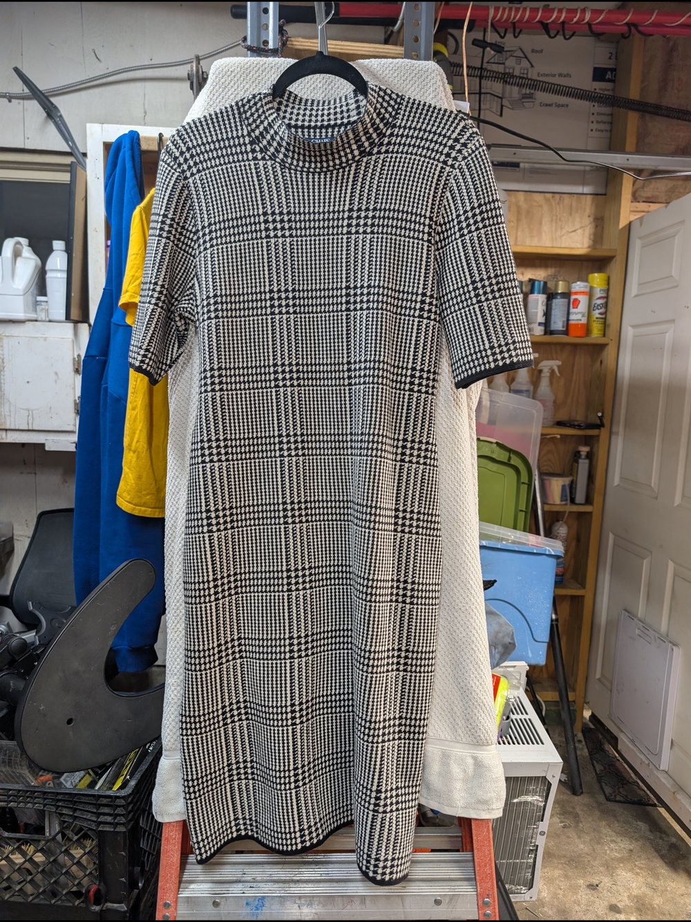 Chaps Black and White Plaid Midi Shift Dress